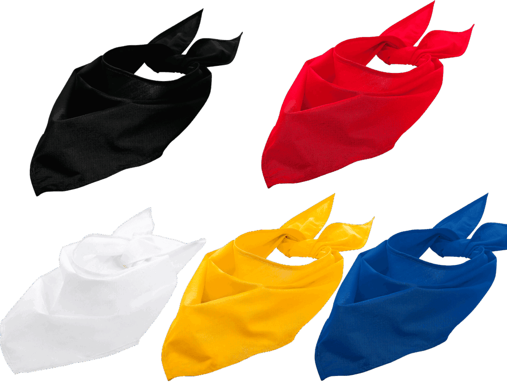 Cinq bandanas colorés : noir, rouge, blanc, jaune, bleu.