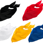 Cinq bandanas colorés : noir, rouge, blanc, jaune, bleu.