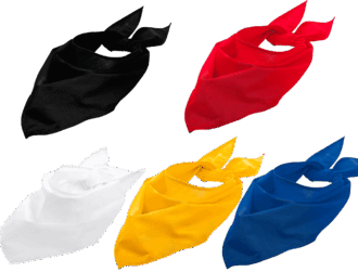Cinq bandanas colorés : noir, rouge, blanc, jaune, bleu.