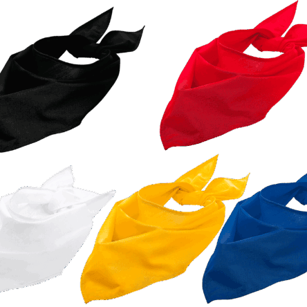 Cinq bandanas colorés : noir, rouge, blanc, jaune, bleu.