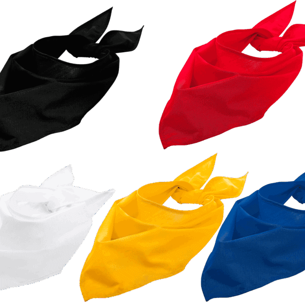 Cinq bandanas colorés : noir, rouge, blanc, jaune, bleu.
