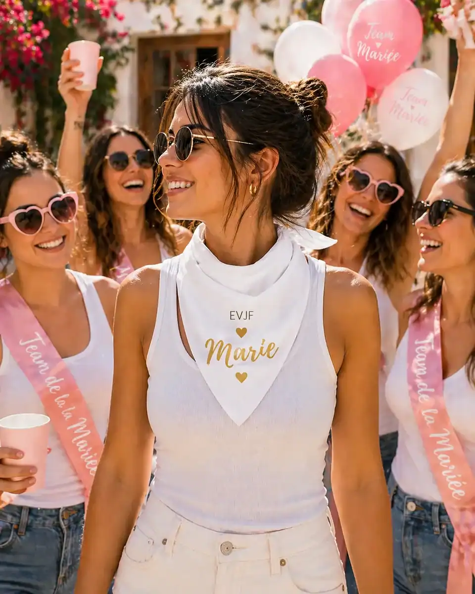 bandana personnalisé femme evjf mariage porté blanc team mariée accessoire fête personnalisé prénom marie