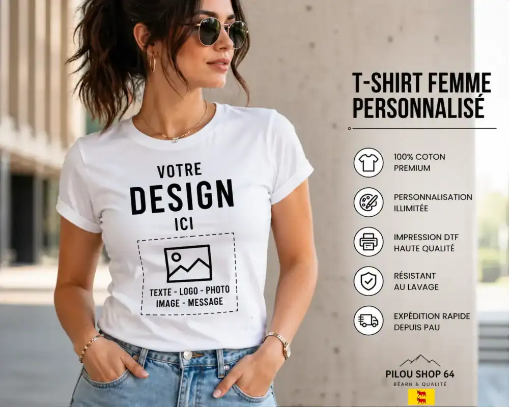 t-shirt femme personnalisé impression DTF premium design personnalisé femme coton coupe ajustée pilou shop 64 Pau