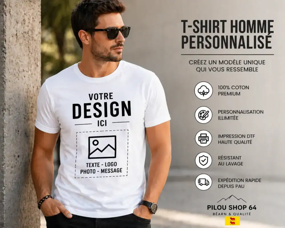 t-shirt homme personnalisé impression DTF premium design personnalisé homme coton qualité pilou shop 64 Pau