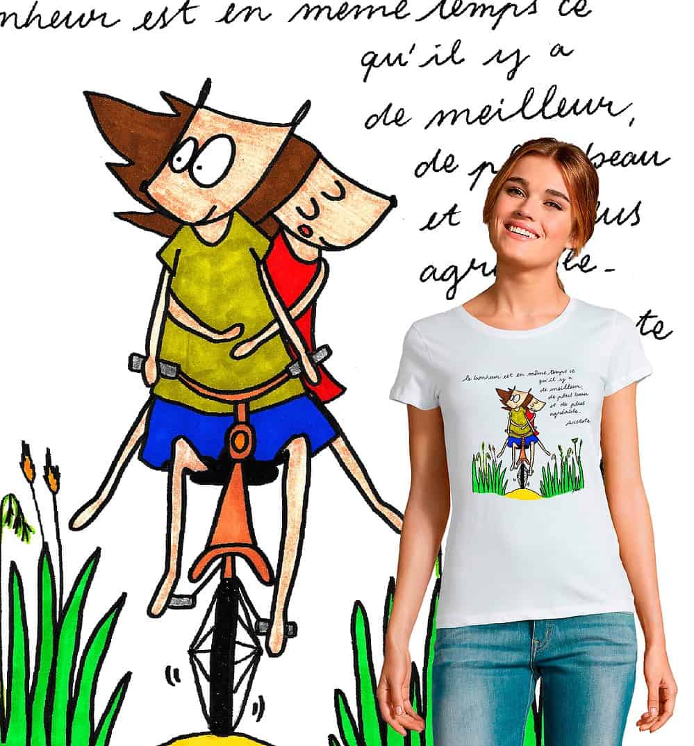 tee shirt femme d'après une illustration de l'artiste béarnaise abi une vie de belette, represantant le bonheur d'un coule a bicyclette avec une phrase citation d'aristote