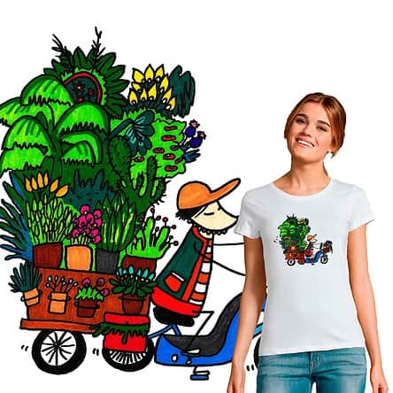 t-shirt femme fleuriste itinérant illustration par Abi