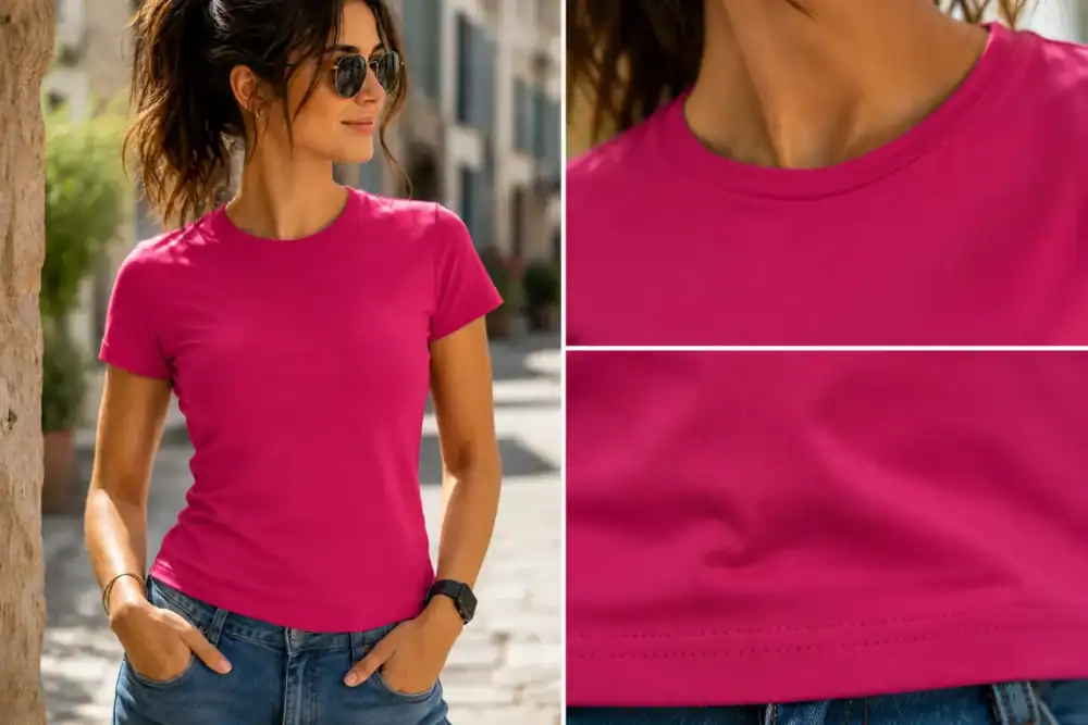 Zoom sur t-shirt femme rose fuchsia personnalisé – détails couture, texture premium et finition textile haute qualité Pilou Shop 64