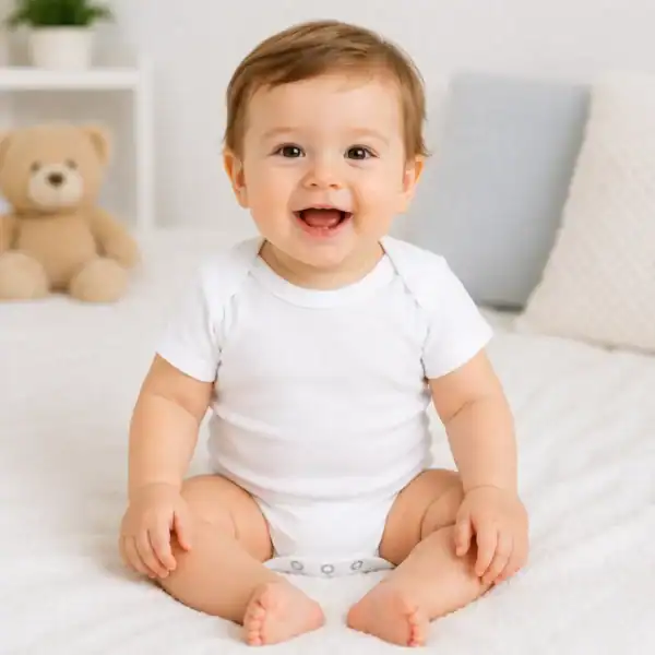 Bébé garçon portant un body blanc personnalisé premium Pilou Shop 64