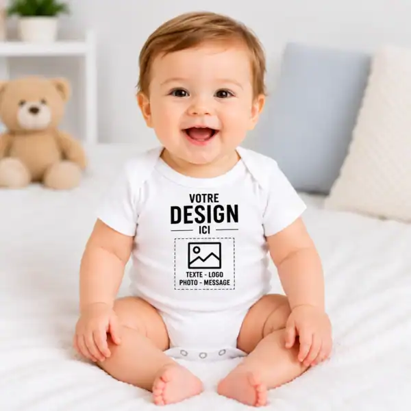 Body bébé blanc personnalisé avec logo, texte, photo ou message – Pilou Shop 64