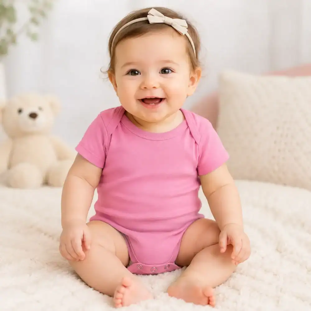 Bébé fille portant un body rose personnalisé premium Pilou Shop 64
