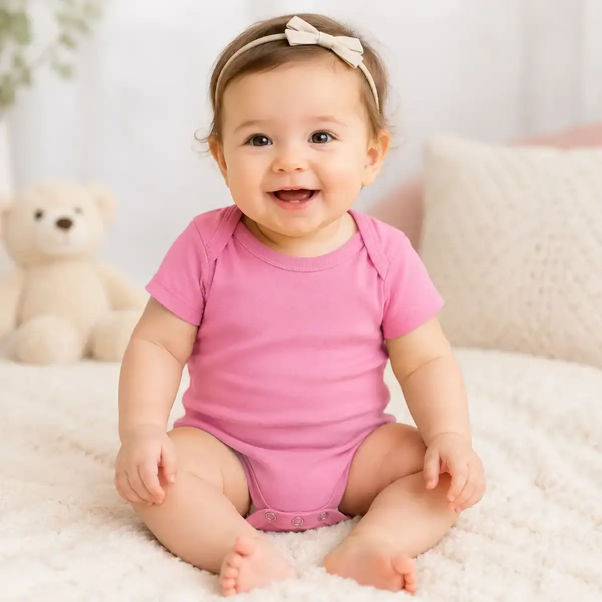 Bébé fille portant un body rose personnalisé premium Pilou Shop 64