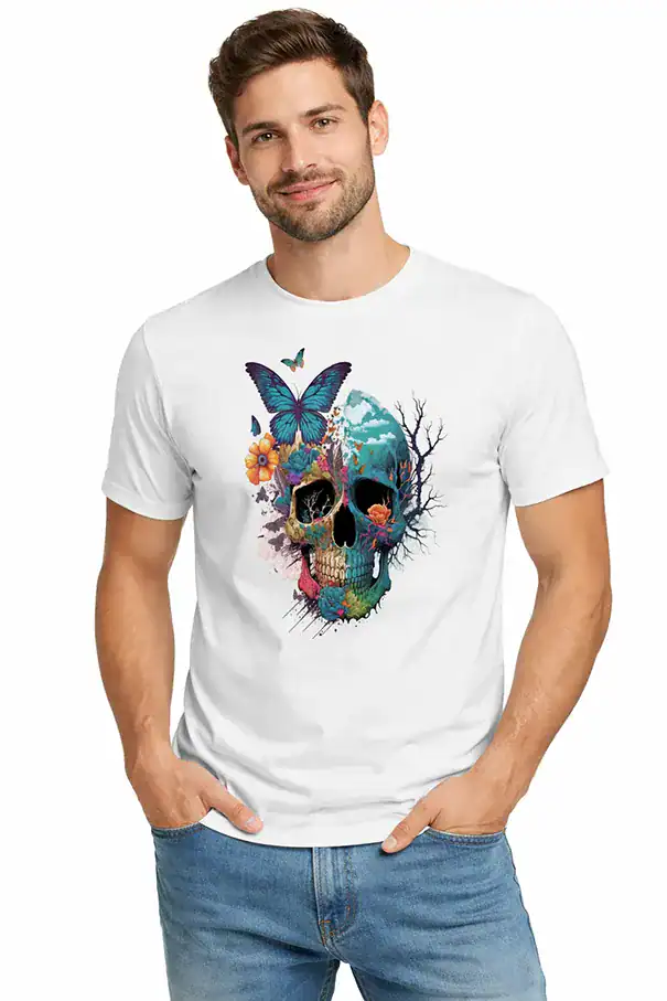 T-shirt tête de mort colorée avec papillon – porté par homme – visuel artistique fleurs et crâne impression DTF qualité premium Pilou Shop 64