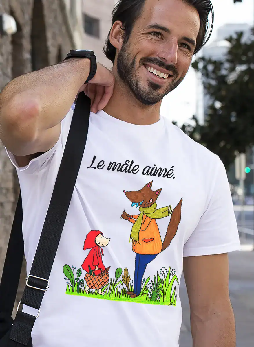 T shirt blanc illustration loup le mâle aimé Abi Illustration impression DTF Pilou Shop 64