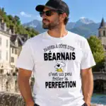 Homme portant un t-shirt blanc « Passer à côté d’un Béarnais, c’est un peu frôler la perfection », photographié en extérieur dans les Pyrénées béarnaises.