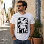 T-shirt chats boum bada boum porté par homme en extérieur rue