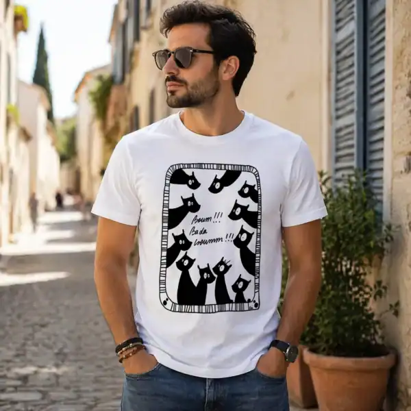 T-shirt chats boum bada boum porté par homme en extérieur rue
