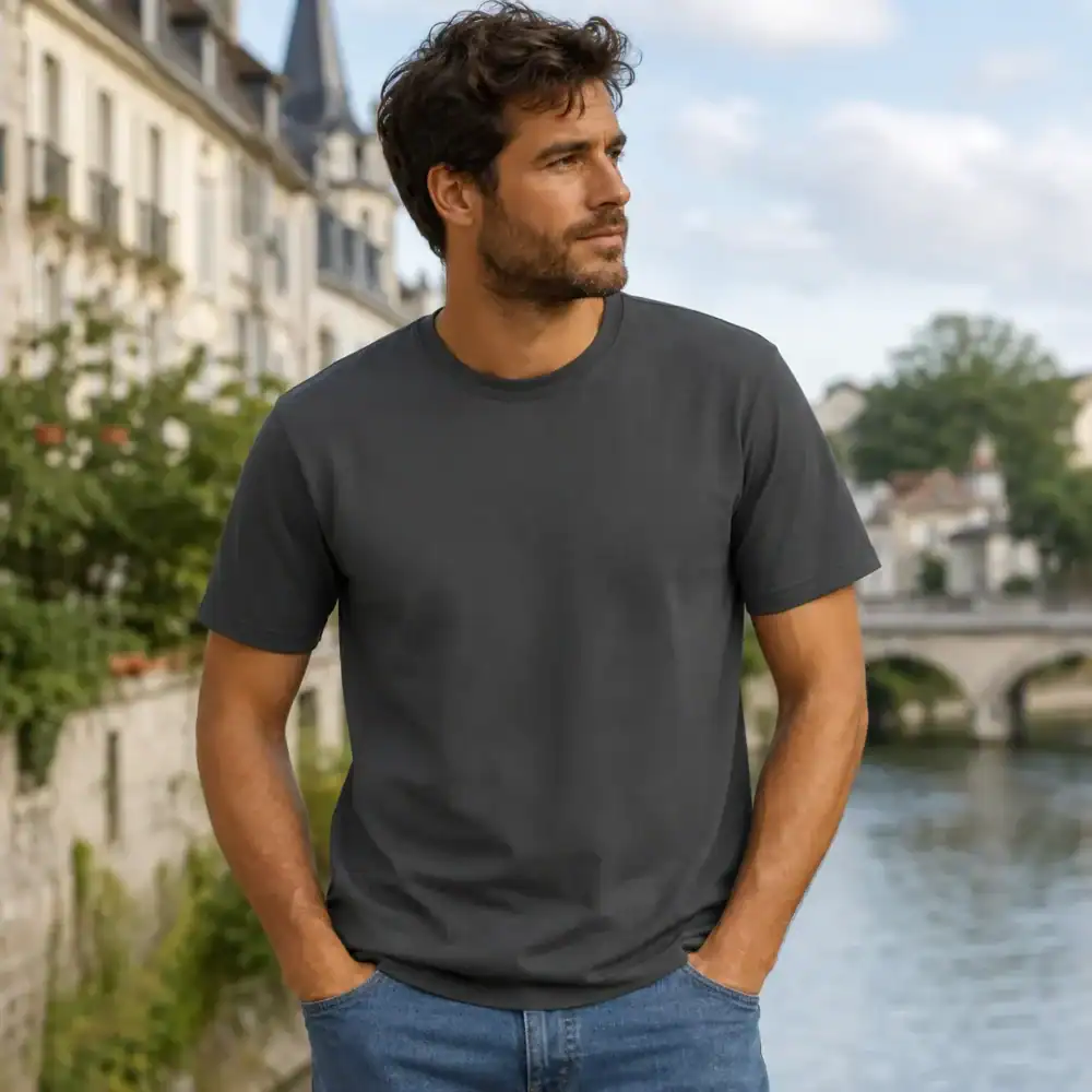 T-shirt gris foncé porté par homme en extérieur ville