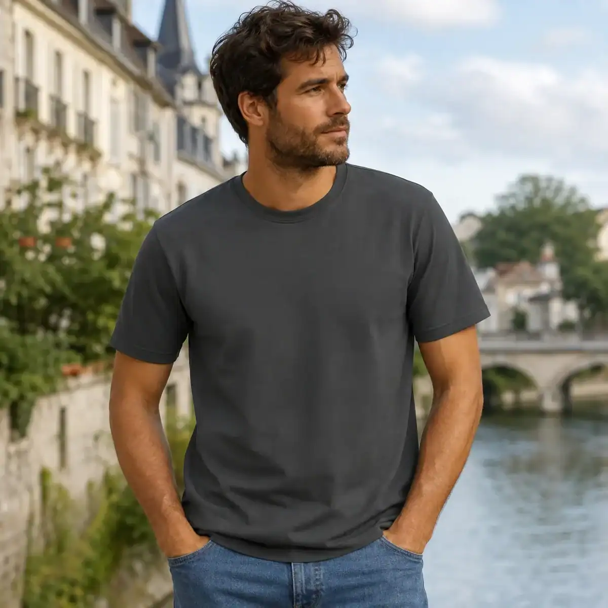 T-shirt gris foncé porté par homme en extérieur ville