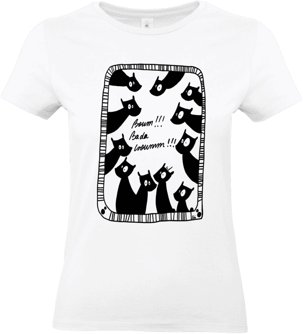 T-shirt femme blanc avec chat noir stylisés.