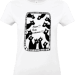 T-shirt femme blanc avec chat noir stylisés.