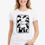 t shirt femme blanc design chats noir illustration humour boum bada boum impression DTF Pilou Shop 64