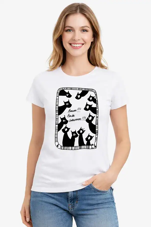 t shirt femme blanc design chats noir illustration humour boum bada boum impression DTF Pilou Shop 64