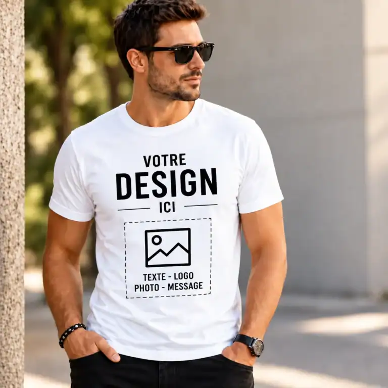 T-shirt homme personnalisé avec texte, logo, photo ou message – impression DTF à Pau