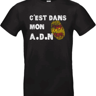 T-shirt noir avec texte C’est dans mon A.D.N et empreinte digitale stylisée rouge et jaune