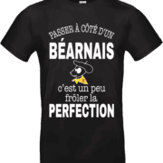 T-shirt noir avec inscription “Passer à côté d’un Béarnais c’est un peu frôler la perfection” et illustration drôle d’un Béarnais avec béret et foulard jaune.