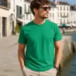 T-shirt vert minimaliste porté par homme en extérieur ville