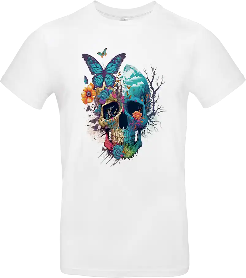 t shirt skull papillon – crâne sauvage & couleurs hybridées