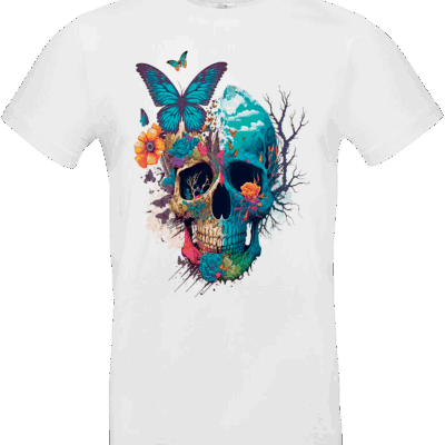 T-shirt blanc avec grand design skull coloré mêlé à des papillons et des fleurs