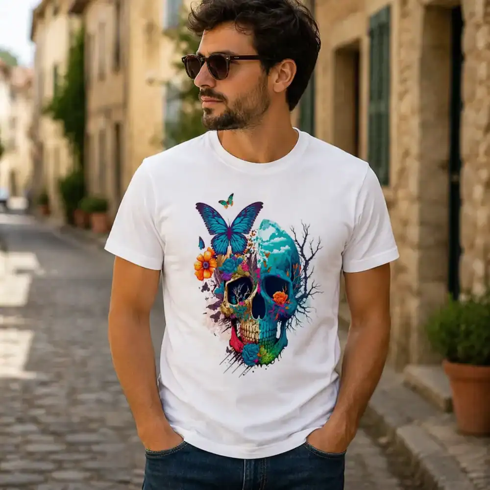 t shirt skull papillon coloré – design artistique