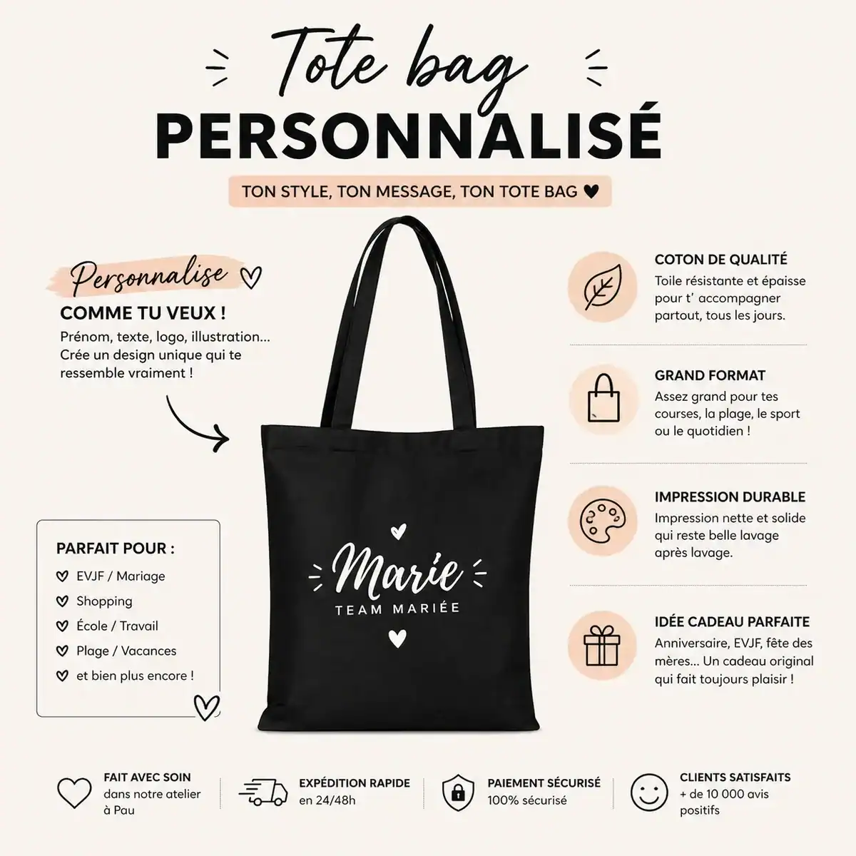 tote bag personnalisé coton – sac résistant avec impression premium
