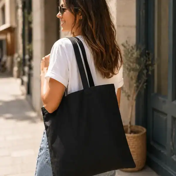 tote bag personnalisé noir porté femme sac toile coton personnalisable style lifestyle simple et tendance
