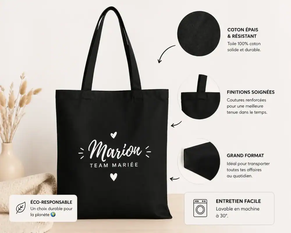 tote bag personnalisé noir sac personnalisé coton épais impression prénom produit détail qualité