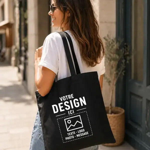 tote bag personnalisé noir porté femme sac toile coton personnalisable style lifestyle simple et tendance