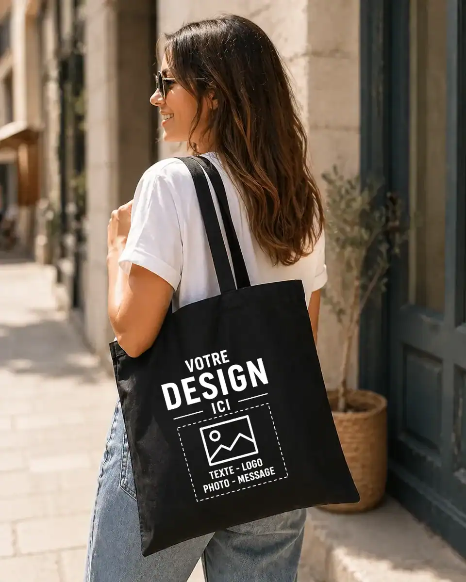 tote bag personnalisé noir porté femme sac toile coton personnalisable style lifestyle simple et tendance