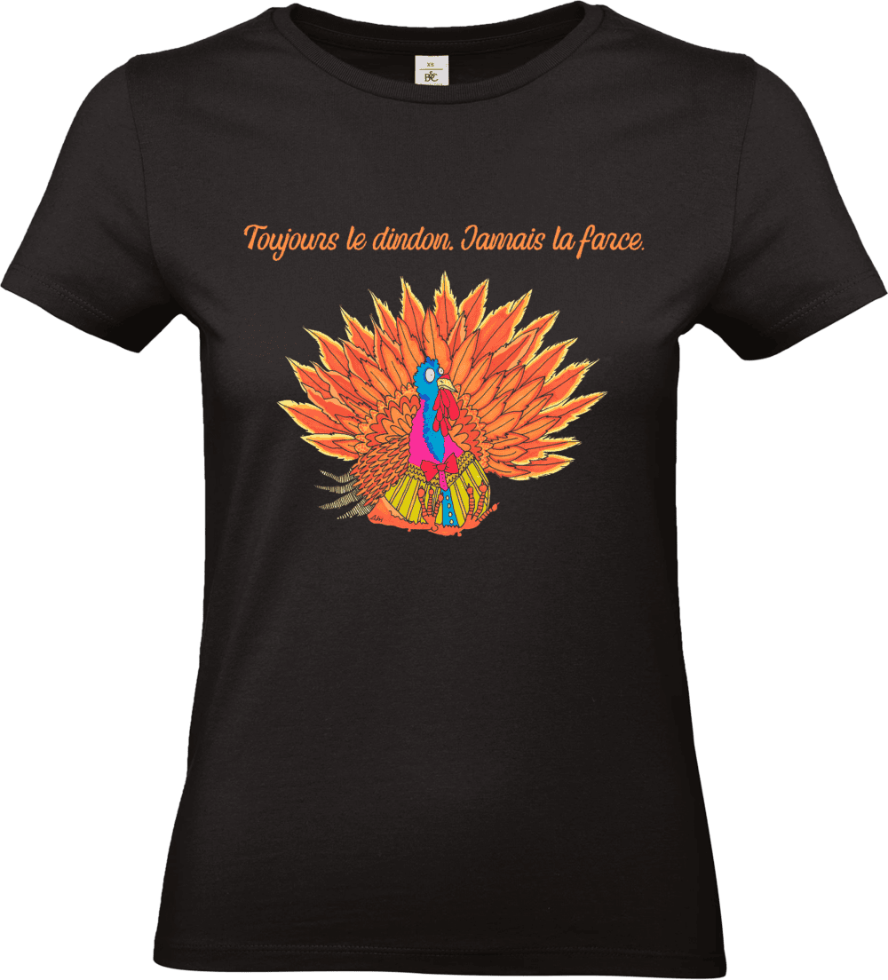T-shirt noir avec dindon coloré et texte humoristique.
