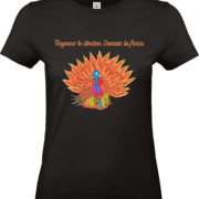 T-shirt noir avec dindon coloré et texte humoristique.