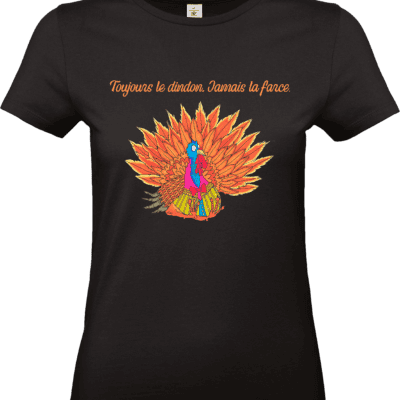 T-shirt noir avec dindon coloré et texte humoristique.