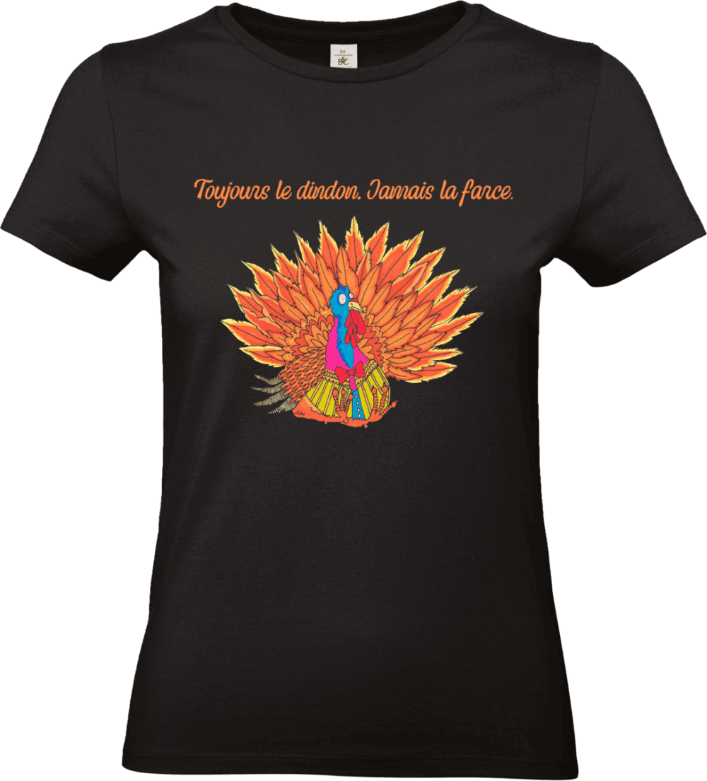 T-shirt noir avec dindon coloré et texte humoristique.
