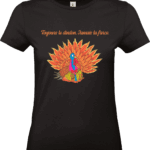 T-shirt noir avec dindon coloré et texte humoristique.
