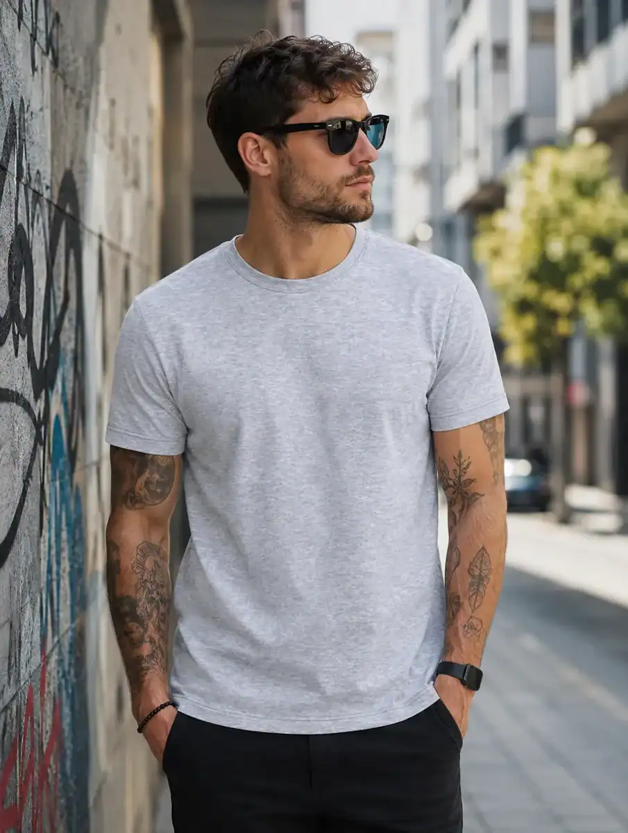 Homme portant un t-shirt gris chiné premium personnalisé en milieu urbain – impression DTF Pilou Shop 64