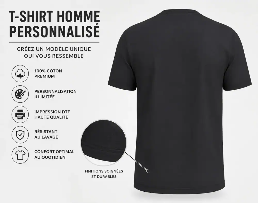 Dos t-shirt homme personnalisé noir premium avec impression DTF haute qualité – Pilou Shop 64