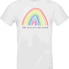 T-shirt blanc avec dessin d’arc-en-ciel multicolore et texte manuscrit « Mon arc-en-ciel à moi c’est toi », création Abi Illustration.