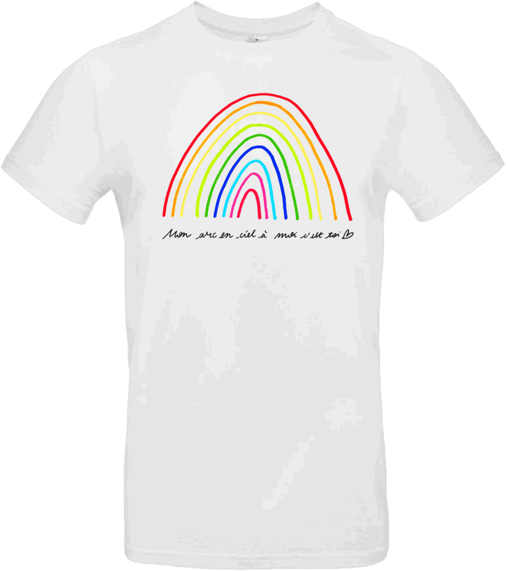 T-shirt blanc avec dessin d’arc-en-ciel multicolore et texte manuscrit « Mon arc-en-ciel à moi c’est toi », création Abi Illustration.