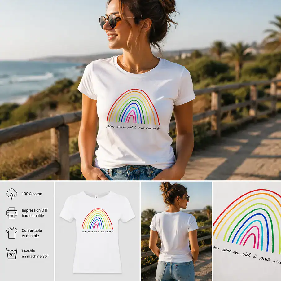 T-shirt femme blanc arc-en-ciel multicolore message Mon arc en ciel à moi c’est toi illustration love design coloré Pilou Shop 64