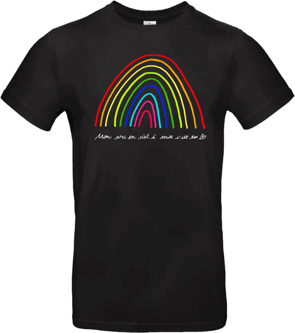 T-shirt noir avec dessin d’arc-en-ciel coloré et phrase manuscrite « Mon arc-en-ciel à moi c’est toi », design signé Abi Illustration.