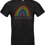 T-shirt noir avec dessin d’arc-en-ciel coloré et phrase manuscrite « Mon arc-en-ciel à moi c’est toi », design signé Abi Illustration.